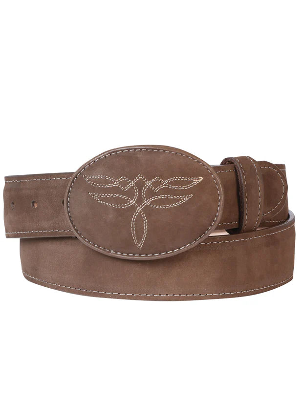 Women's Cowgirl Nubuck Leather Belt – Embroidered Oval Buckle Western Belt