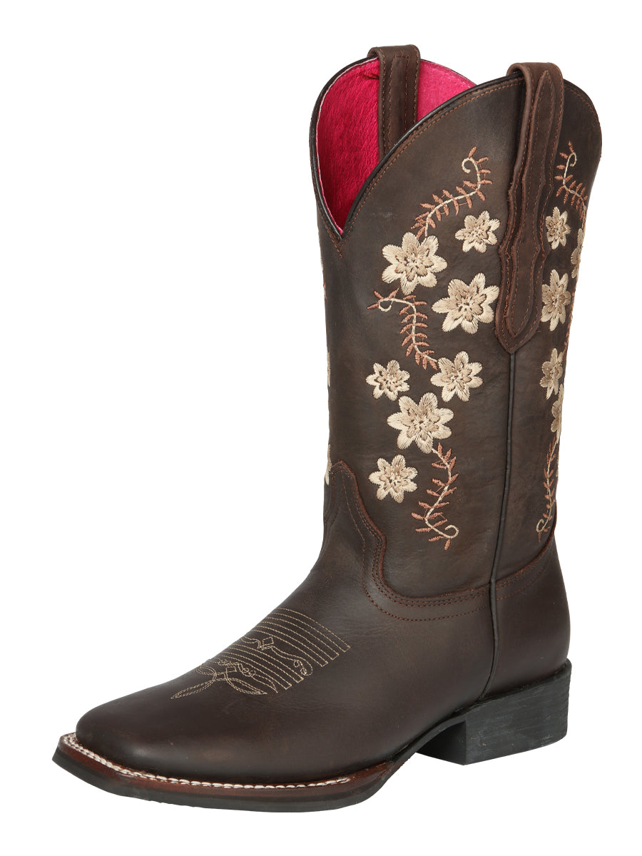Women's Cherry Blossom Embroidered Cowgirl Boot | Bota Vaquera con Flores Bordadas – Café Espresso