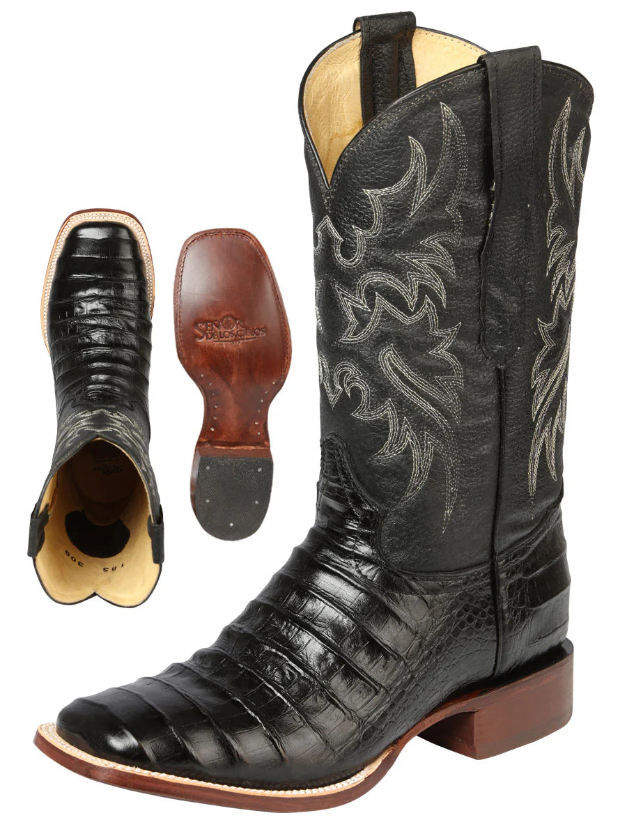 Men's Square Toe Caiman Print Leather Cowboy Boots – Handcrafted Western Boots