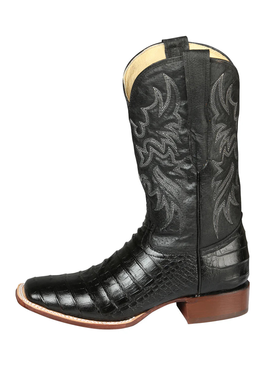 Men's Square Toe Caiman Print Leather Cowboy Boots – Handcrafted Western Boots