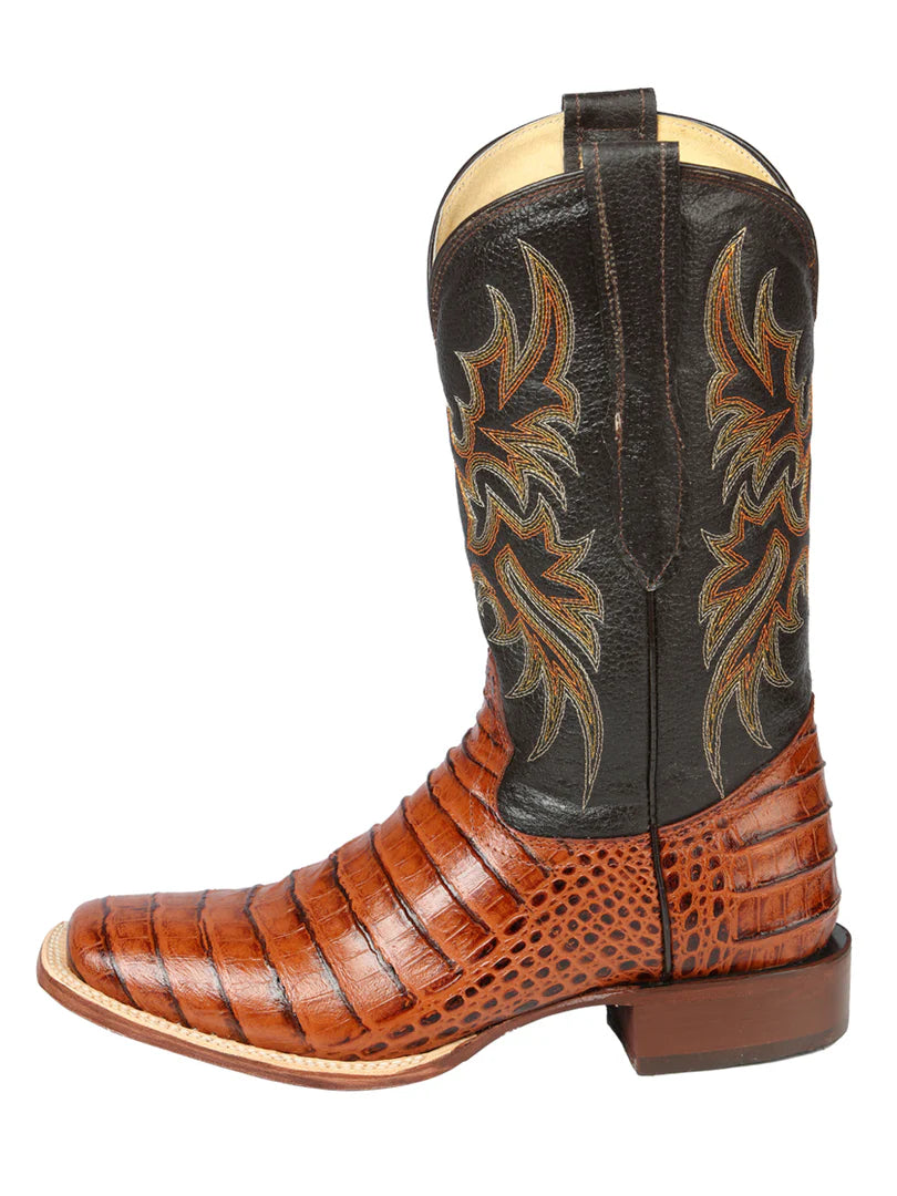 Men's Square Toe Caiman Print Leather Cowboy Boots – Handcrafted Western Boots