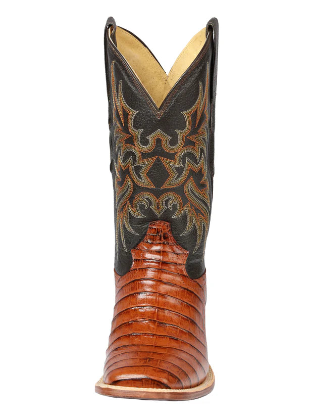 Men's Square Toe Caiman Print Leather Cowboy Boots – Handcrafted Western Boots