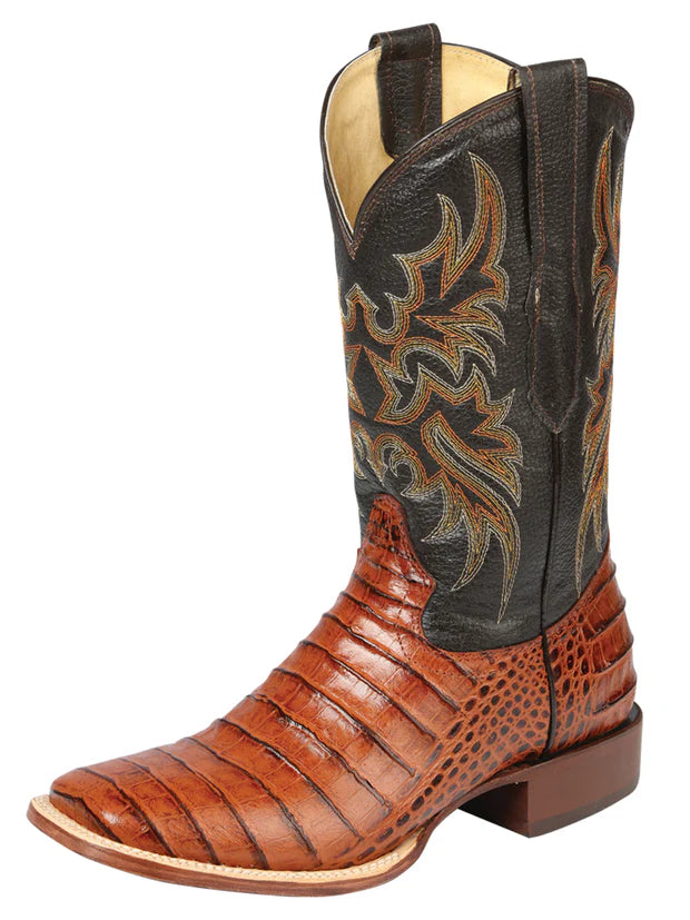 Men's Square Toe Caiman Print Leather Cowboy Boots – Handcrafted Western Boots