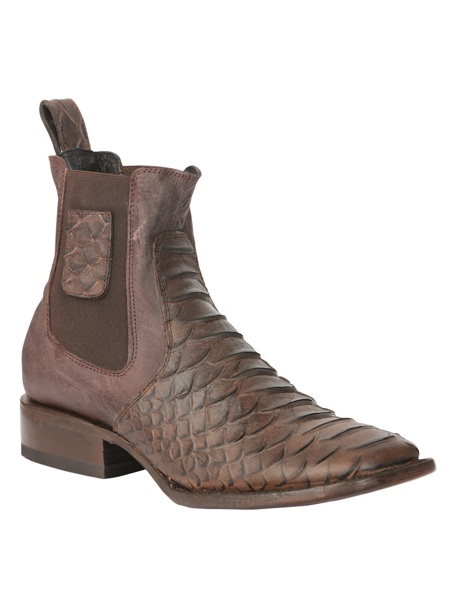 Men's Brown Python Print Square Toe Ankle Cowboy Boot