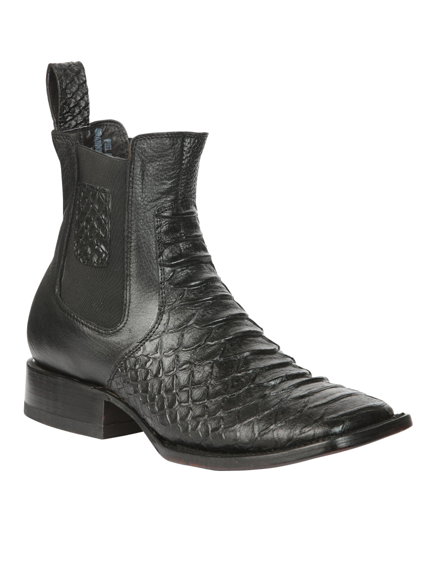 Men's Black Python Print Square Toe Ankle Cowboy Boot