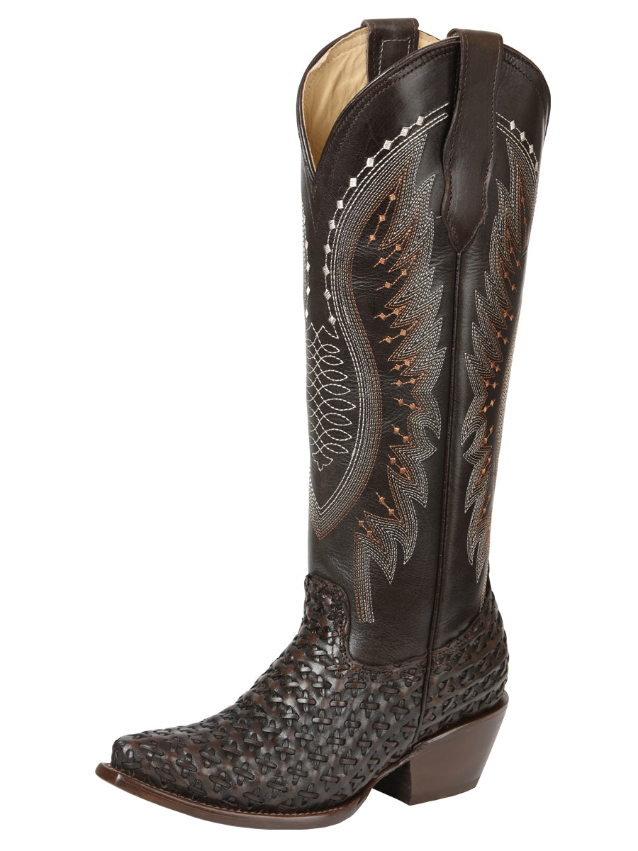 Dark Brown Woven Leather Knee-High Tall Cowgirl Boot