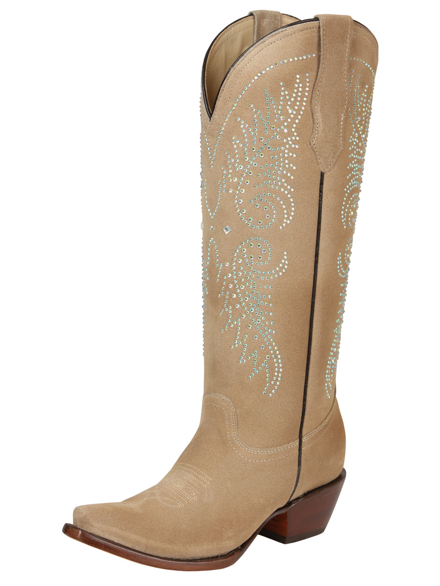 Sand Beige Crystal Rhinestone Knee-High Cowgirl Boot