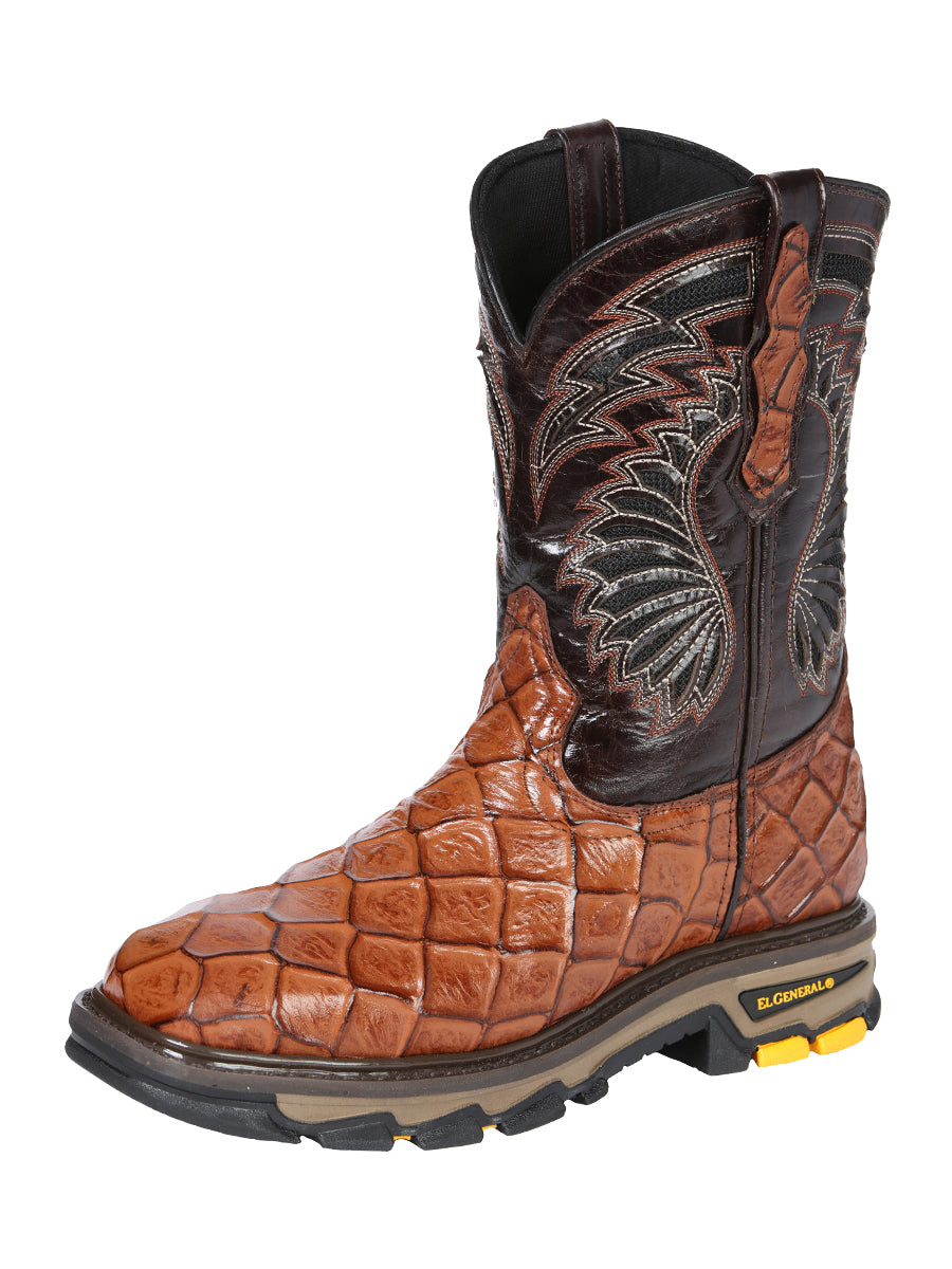 Men's Pirarucu Fish Print Work Boot – Cognac/Dark Brown