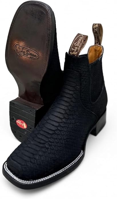 Men’s Genuine Leather Square Toe Nubuck Python Snakeskin Print Short Ankle Cowboy Boots