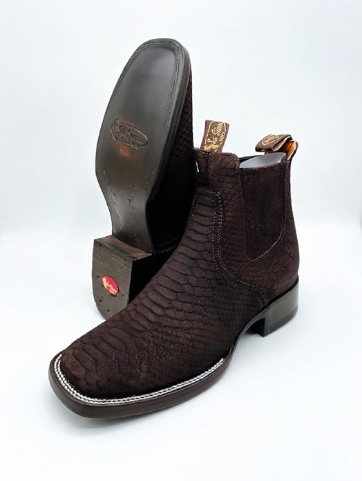 Men’s Genuine Leather Square Toe Nubuck Python Snakeskin Print Short Ankle Cowboy Boots