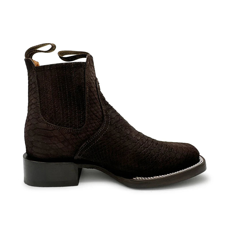 Men’s Genuine Leather Square Toe Nubuck Python Snakeskin Print Short Ankle Cowboy Boots