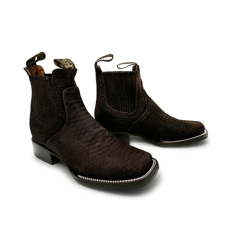 Men’s Genuine Leather Square Toe Nubuck Python Snakeskin Print Short Ankle Cowboy Boots