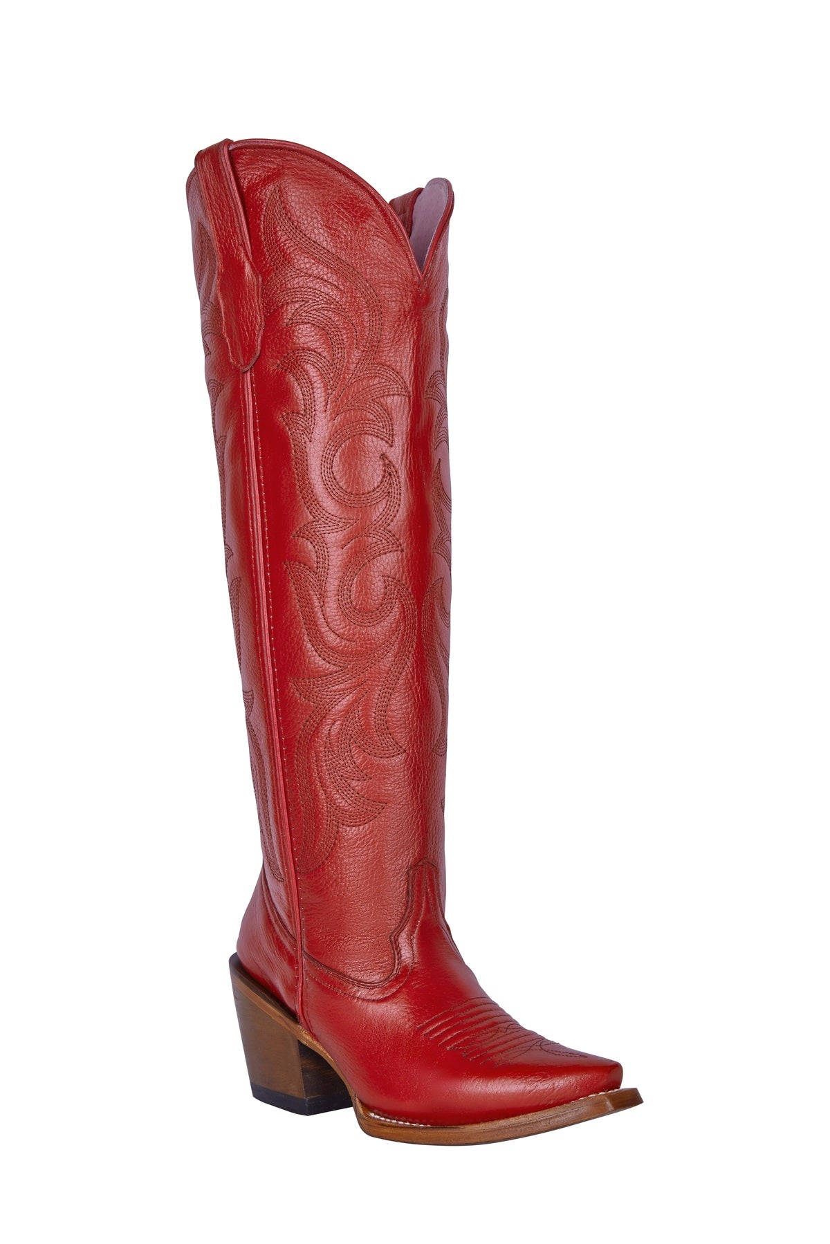 Women's Red Embossed Knee-High Snip Toe Cowgirl Boots – Tall Western Fashion Boots