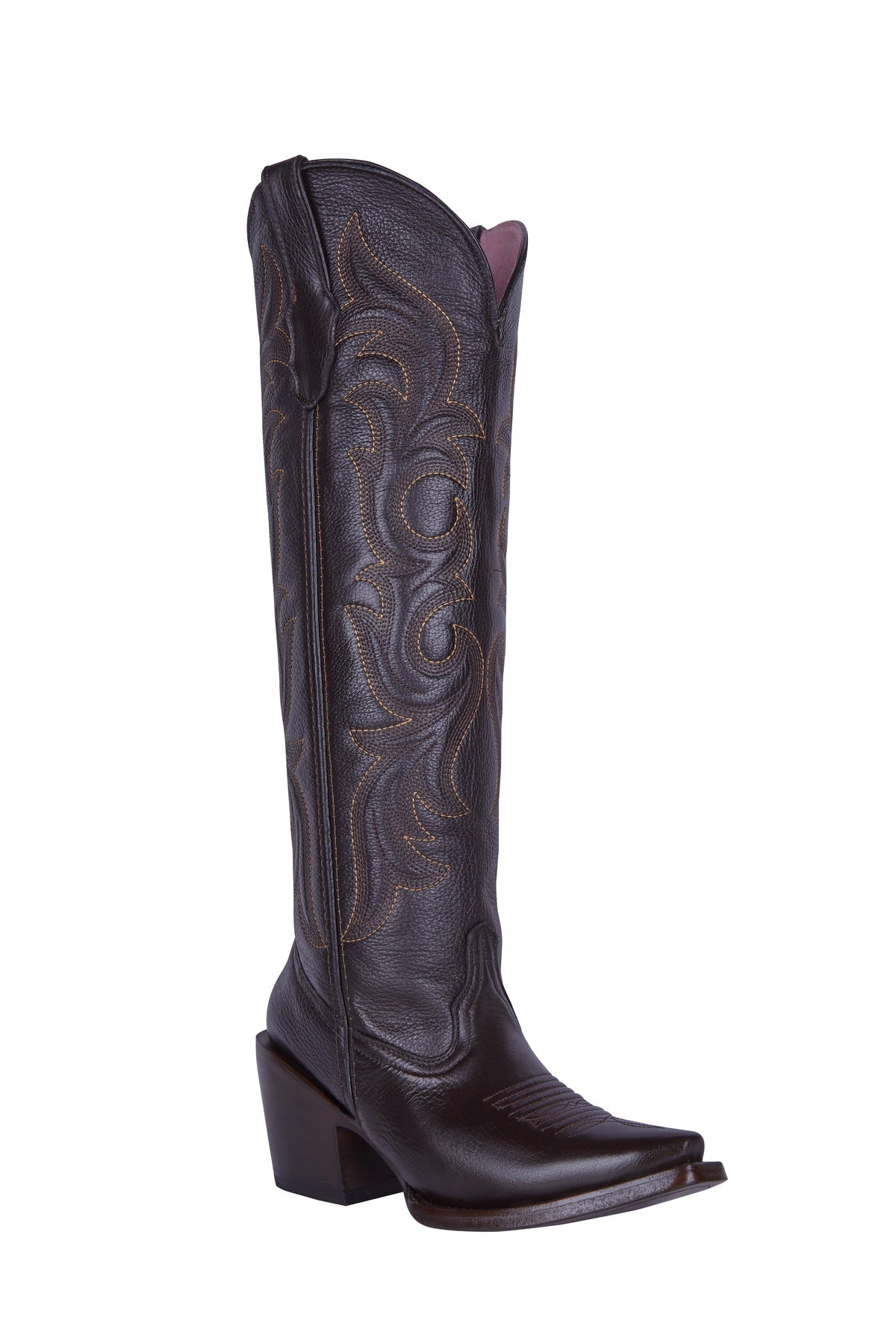 Women's Dark Brown Embroidered Knee-High Snip Toe Cowgirl Boots – Tall Western Fashion Boots