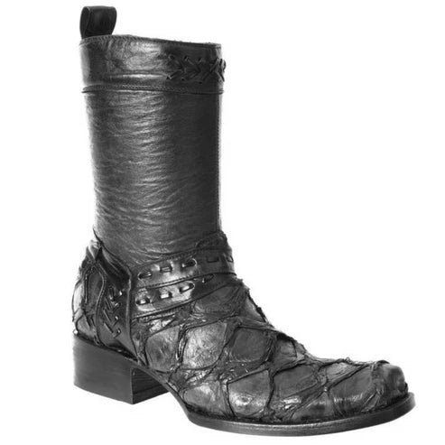 Men's Exotic Pirarucu Monster Fish Leather Moto Western Boot with Zipper