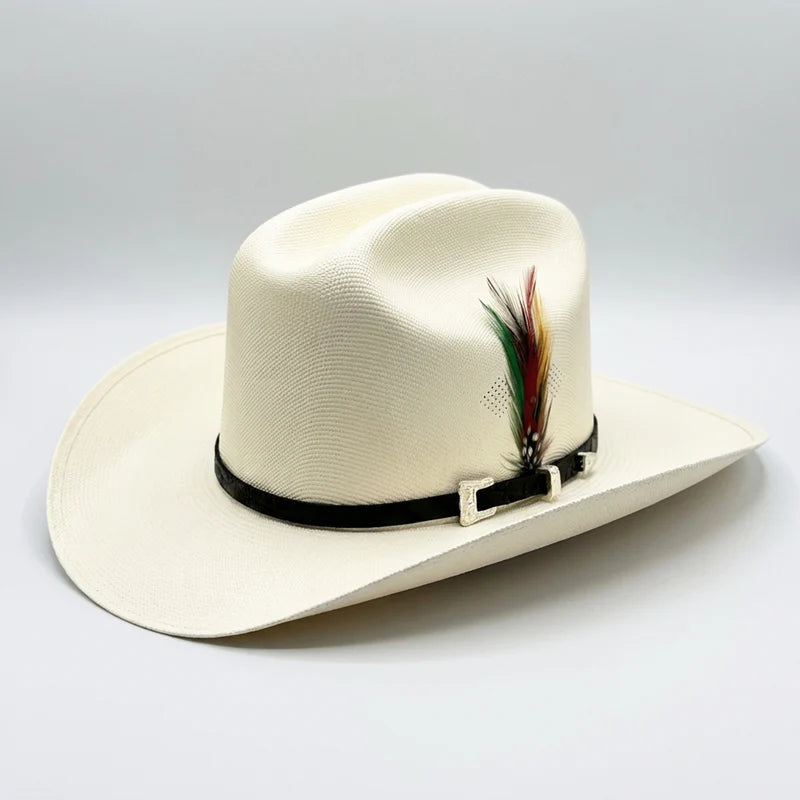 1000X Tombstone Chaparral Telar Straw Cowboy Hat – 3" Brim | Estilo Sinaloa con Plumas