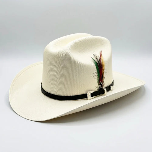 1000X Tombstone Chaparral Telar Straw Cowboy Hat – 3" Brim | Estilo Sinaloa con Plumas