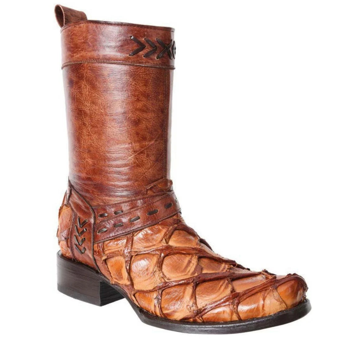 Men's Exotic Pirarucu Monster Fish Leather Moto Western Boot with Zipper