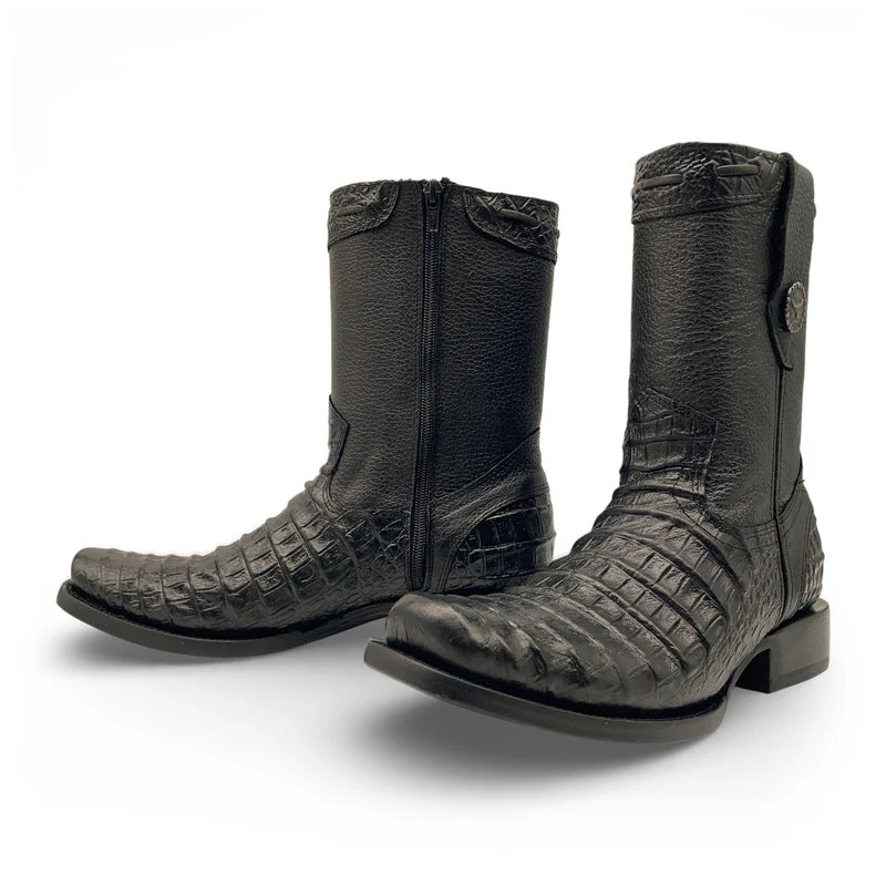 Men’s Caiman/Crocodile Print, Square Toe Cowboy Boots with a Full Side Zipper