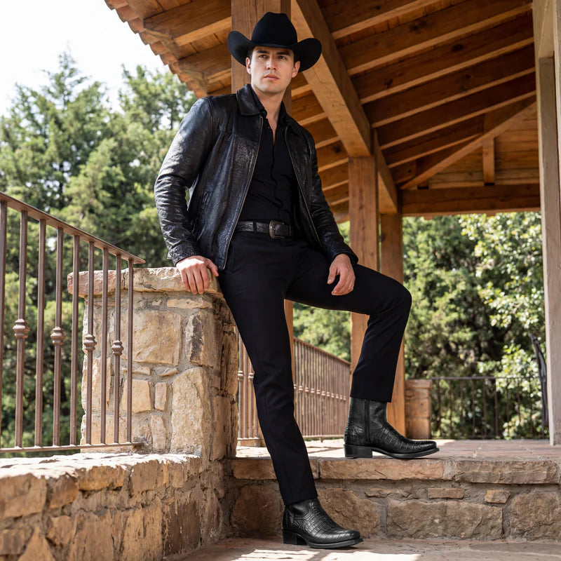 Men’s Caiman/Crocodile Print, Square Toe Cowboy Boots with a Full Side Zipper