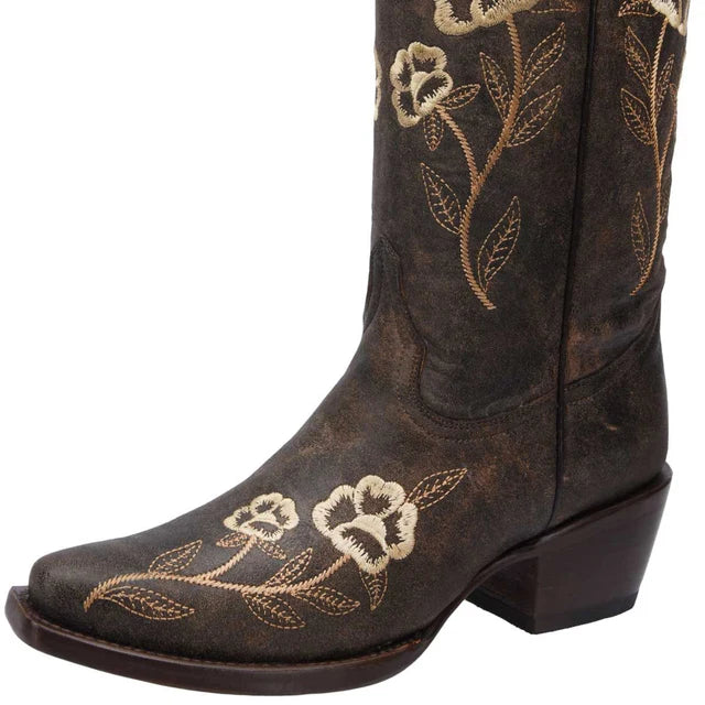 Women's Dark Brown Floral Embroidered Western Cowgirl Boots