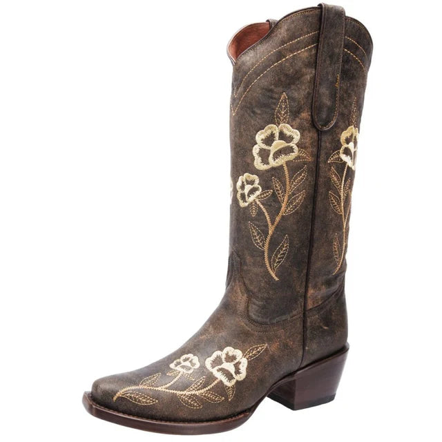Women's Dark Brown Floral Embroidered Western Cowgirl Boots