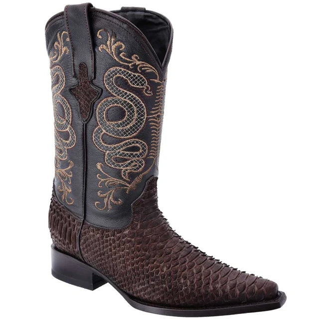 Scuffed Python Skin Boots Men's Exotic Brown Python Snip Toe Cowboy Boots - Charro & Western World