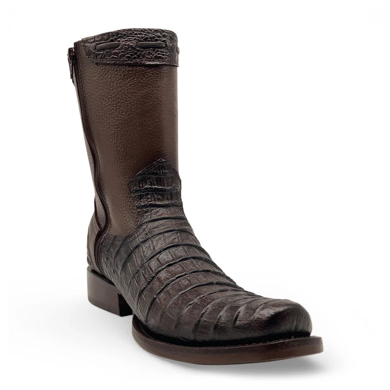 Men’s Caiman/Crocodile Print, Square Toe Cowboy Boots with a Full Side Zipper