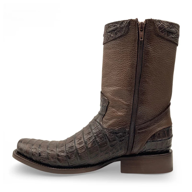 Men’s Caiman/Crocodile Print, Square Toe Cowboy Boots with a Full Side Zipper
