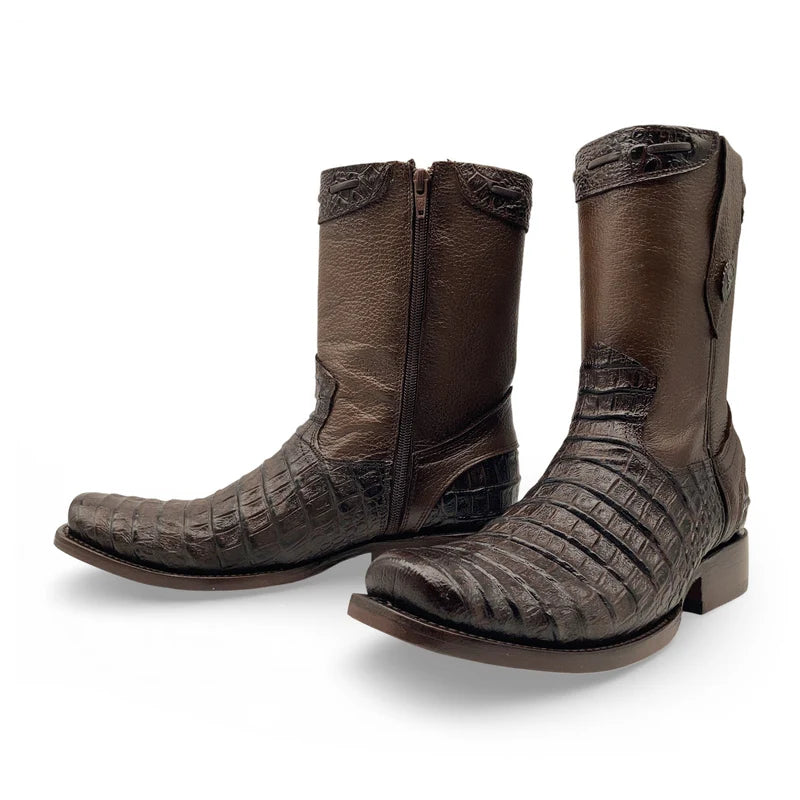 Men’s Caiman/Crocodile Print, Square Toe Cowboy Boots with a Full Side Zipper