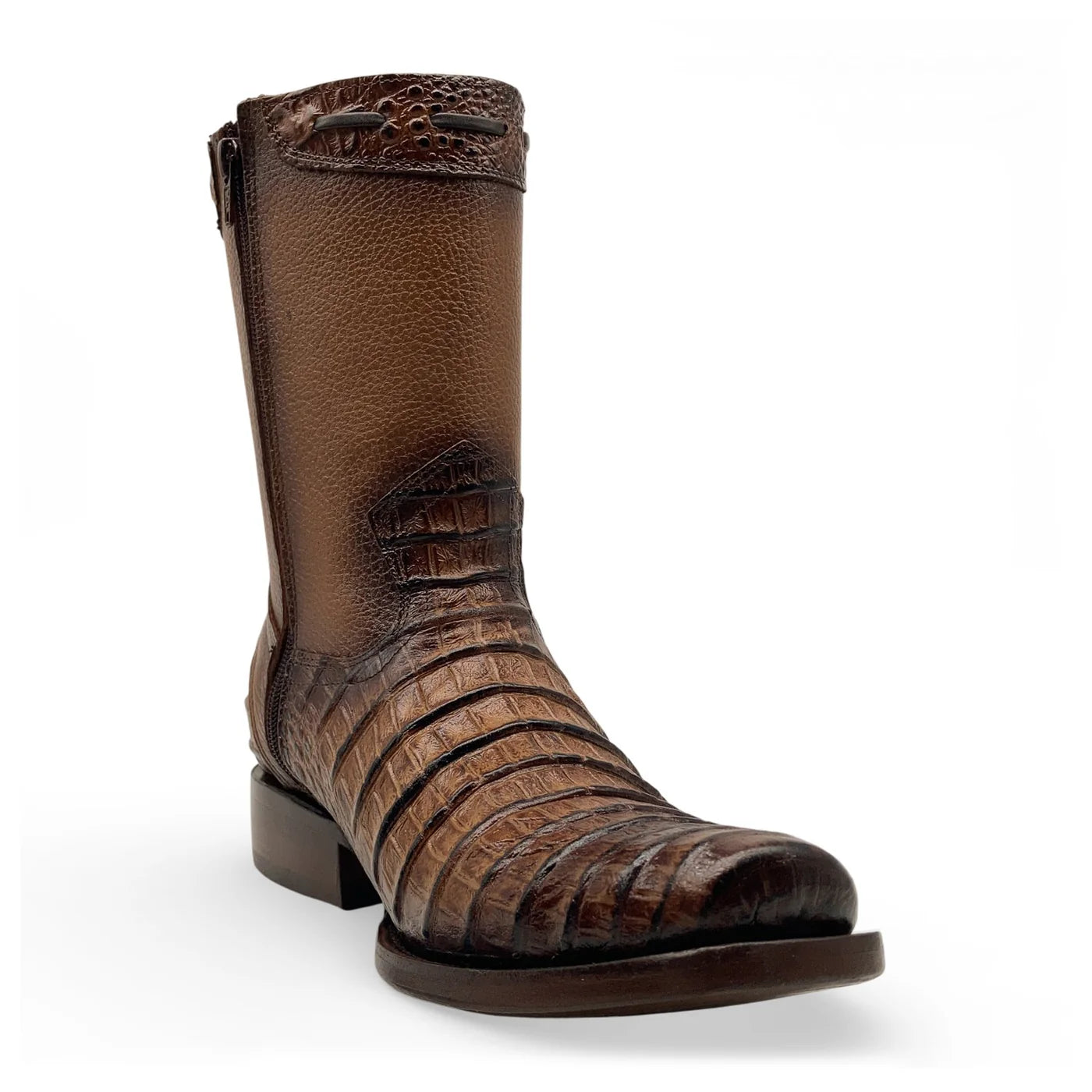 Men’s Caiman/Crocodile Print, Square Toe Cowboy Boots with a Full Side Zipper