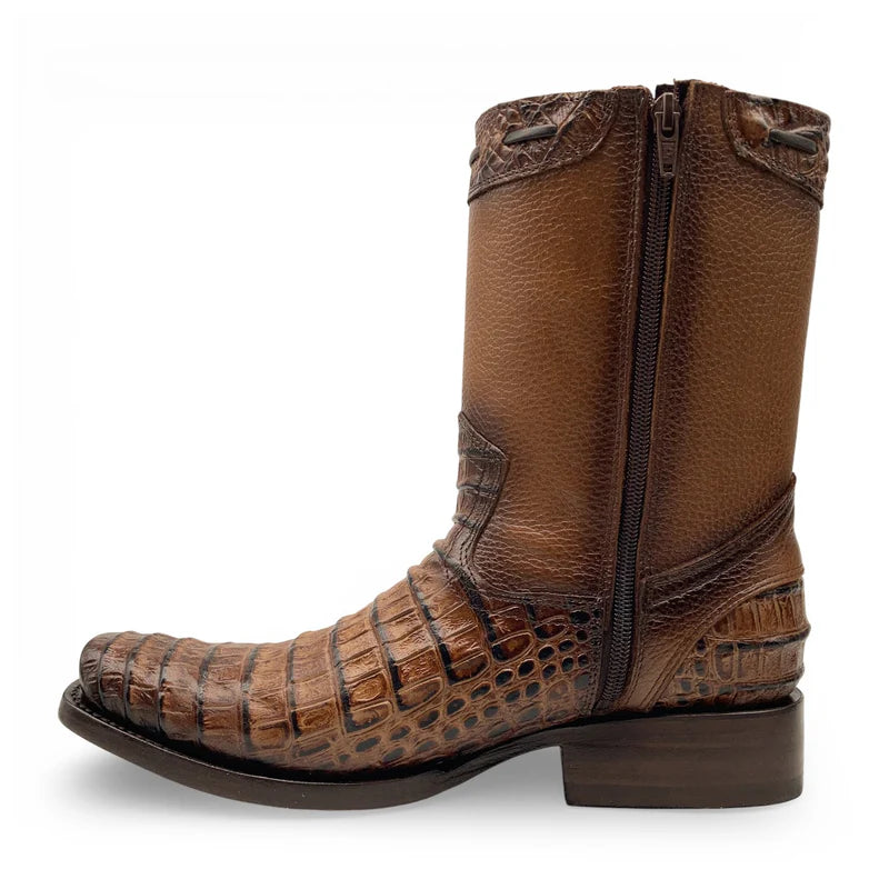 Men’s Caiman/Crocodile Print, Square Toe Cowboy Boots with a Full Side Zipper