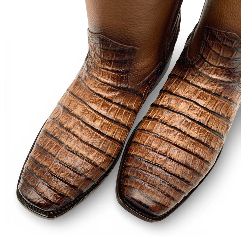 Men’s Caiman/Crocodile Print, Square Toe Cowboy Boots with a Full Side Zipper