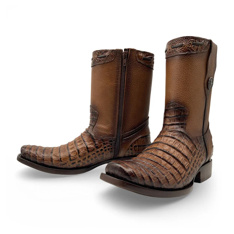 Men’s Caiman/Crocodile Print, Square Toe Cowboy Boots with a Full Side Zipper