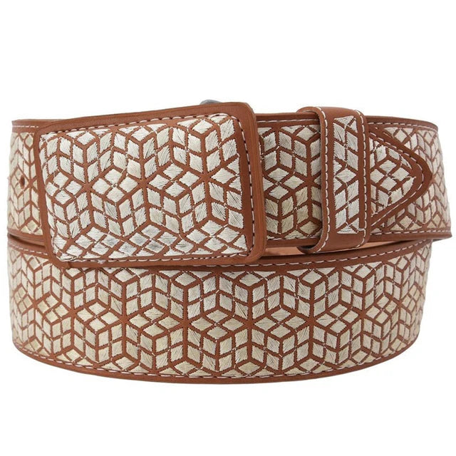 Embroidered Geometric Western Belt - Silver & Tan
