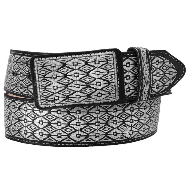 Embroidered Western Leather Belt - Black & Silver