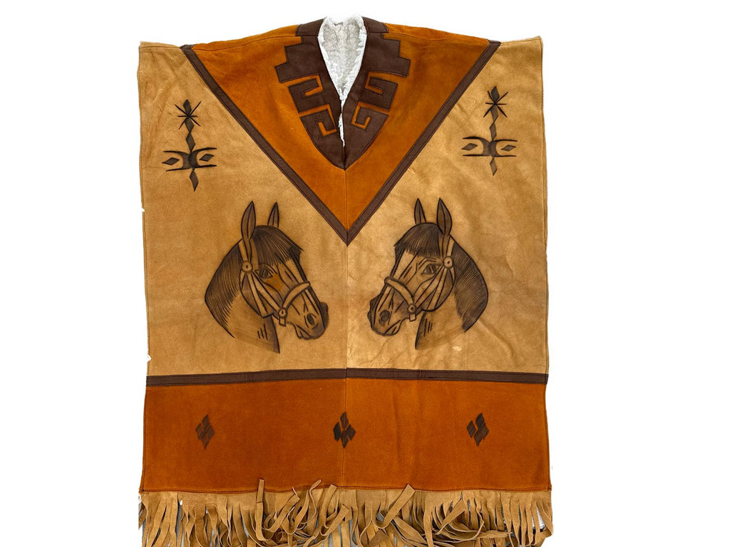 Authentic Western Suede Leather Poncho/Gaban with sheep wool fur inside Cowboy Mexican Zarape de piel