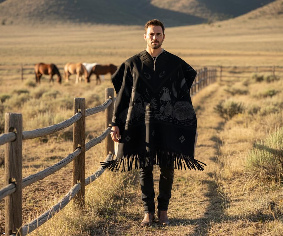 Authentic Western Suede Leather Poncho/Gaban with sheep wool fur inside Cowboy Mexican Zarape de piel