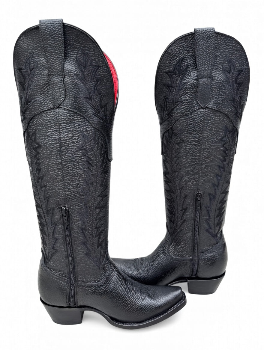 Women's Black Knee-High Cowgirl Boots – Red Bottom Sole Western Fashion Boots