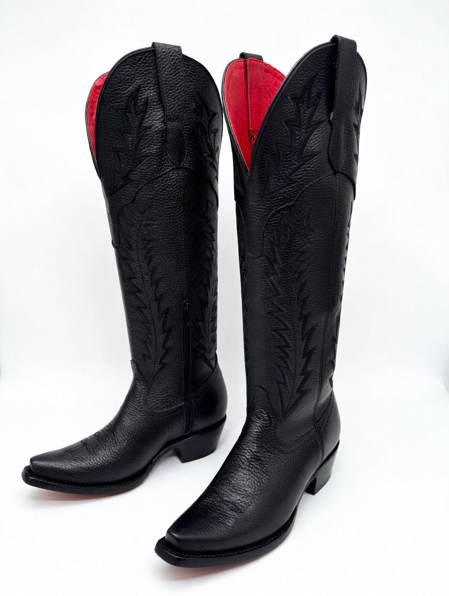 Women's Black Knee-High Cowgirl Boots – Red Bottom Sole Western Fashion Boots