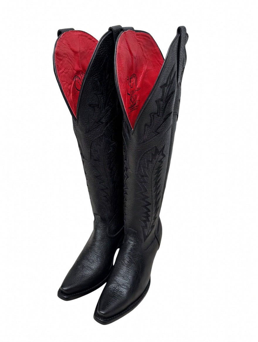 Women's Black Knee-High Cowgirl Boots – Red Bottom Sole Western Fashion Boots