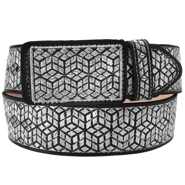 Men's Embroidered Geometric Western Belt - Silver & Black