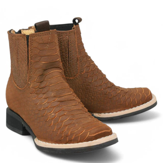 Kids Python Print Leather Ankle Boots - Square Toe with Zipper