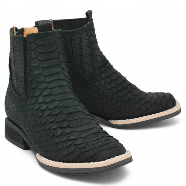Kids Python Print Leather Ankle Boots - Square Toe with Zipper