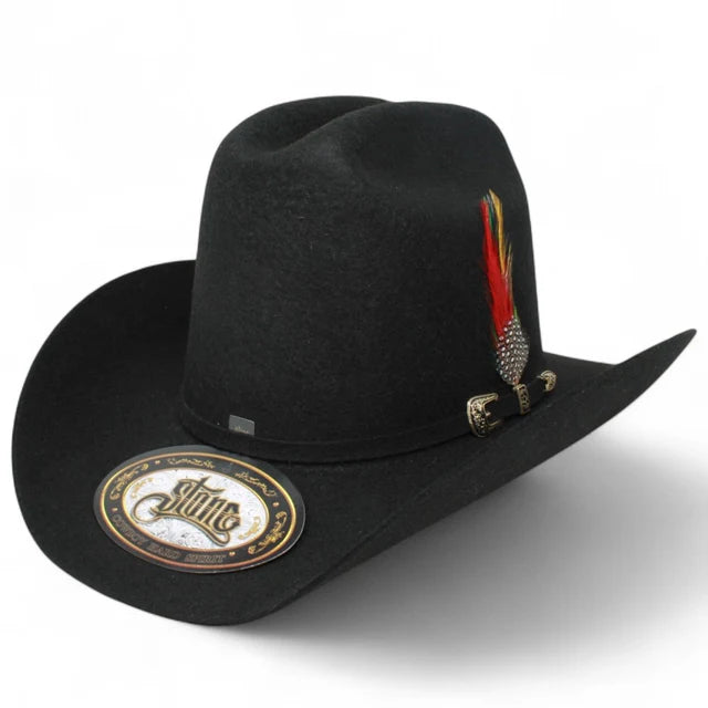 100X Stone Hats "Los Dos Carnales" High Crown Felt Texana | Copa Alta Negro con Plumas